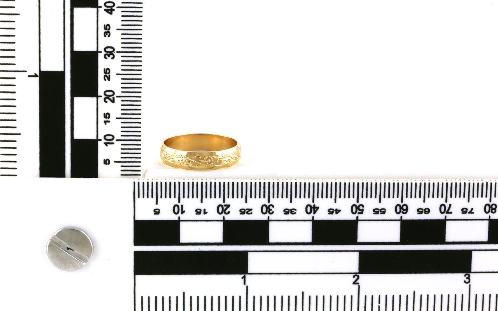 Hand Engraved Lady's Wedding Band in Yellow Gold (4mm) - scale