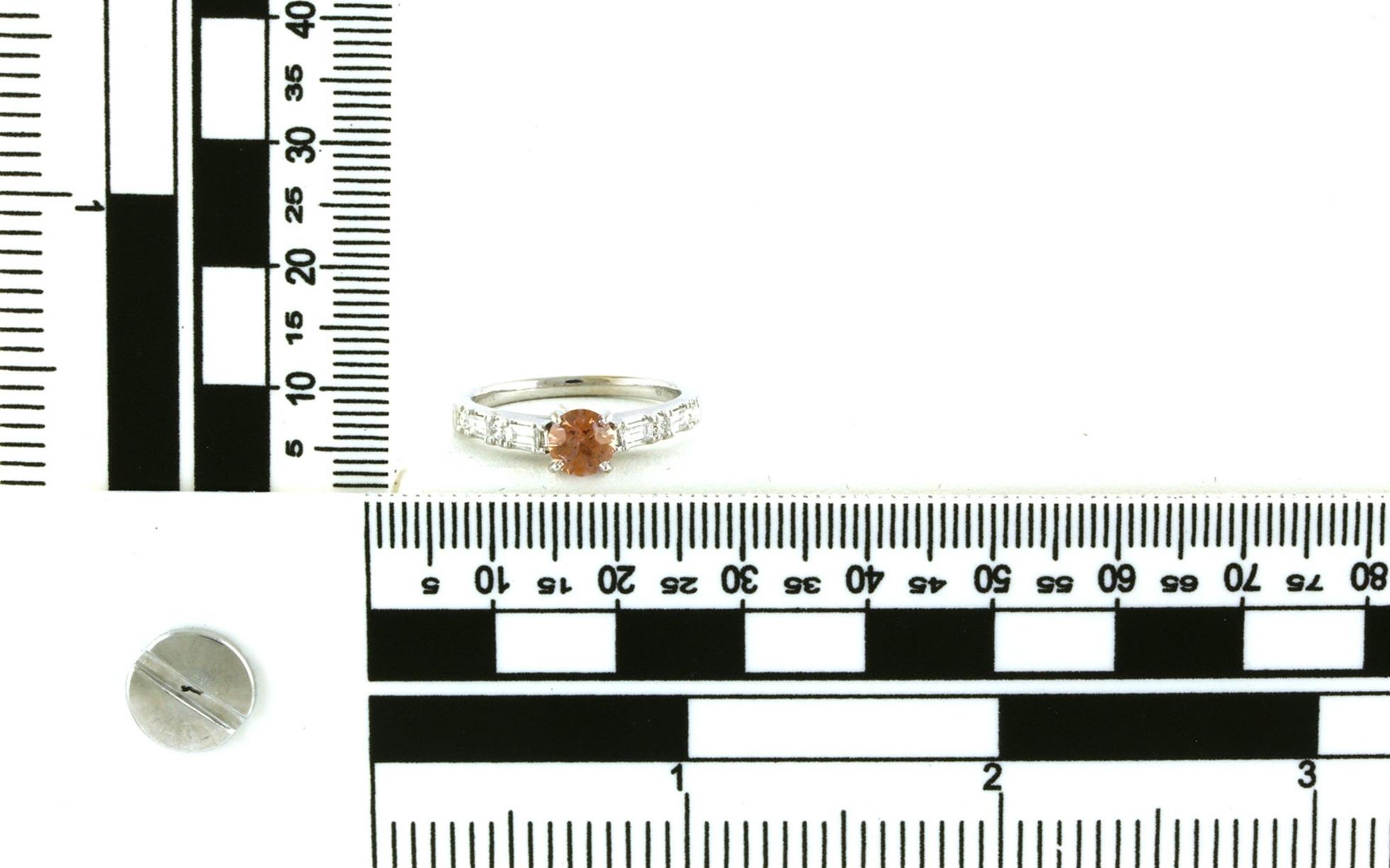 Pink-Orange Montana Sapphire and Alternating Baguette and Round Diamond Ring in White Gold (1.19cts TWT) scale