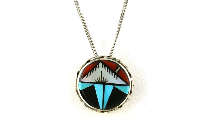 content/products/Estate Piece: Geometric Zuni Inlayed Turquoise, Onyx, Coral, and Mother of Pearl Brooch/Pendant in Sterling Silver