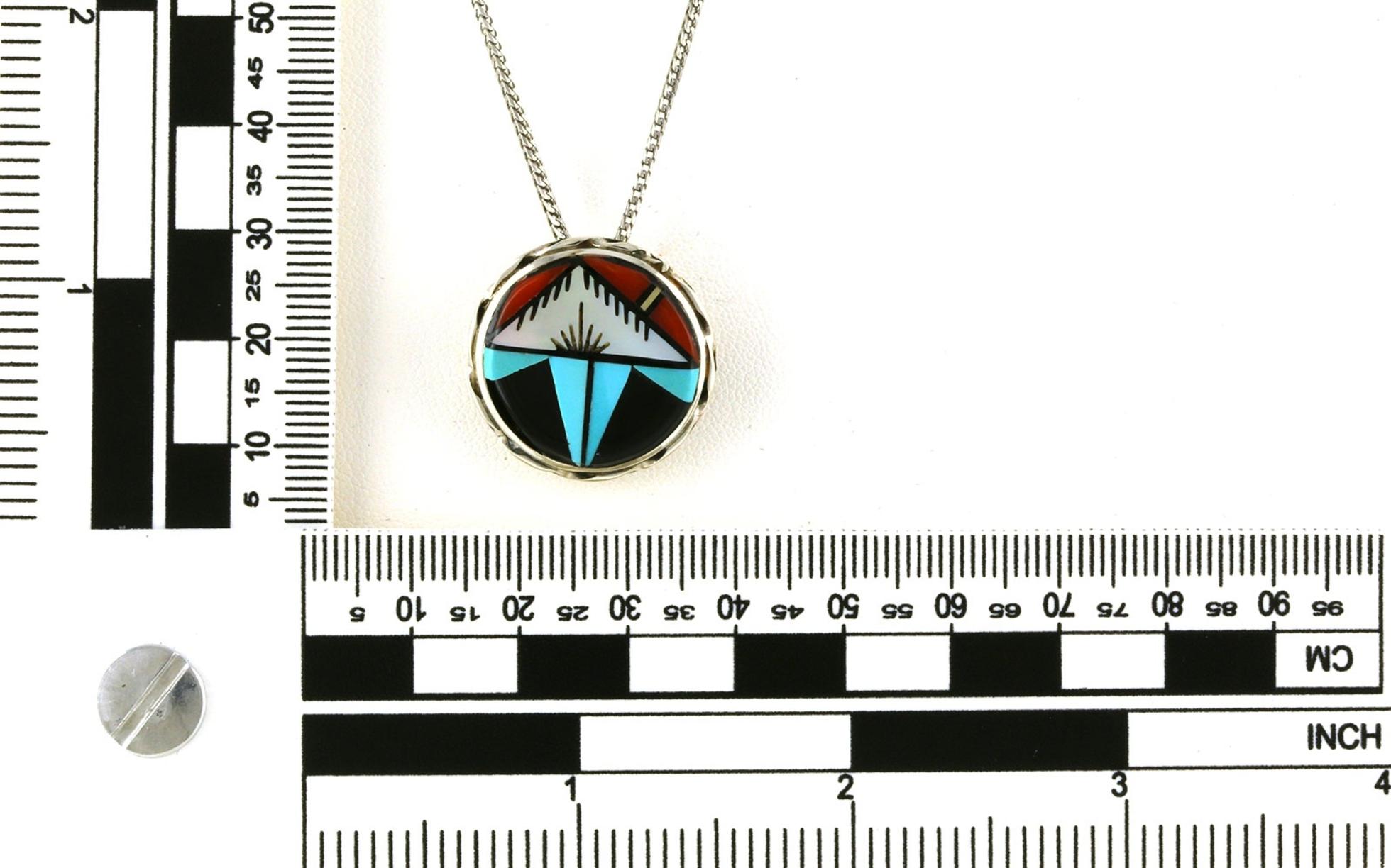 Estate Piece: Geometric Zuni Inlayed Turquoise, Onyx, Coral, and Mother of Pearl Brooch/Pendant in Sterling Silver scale