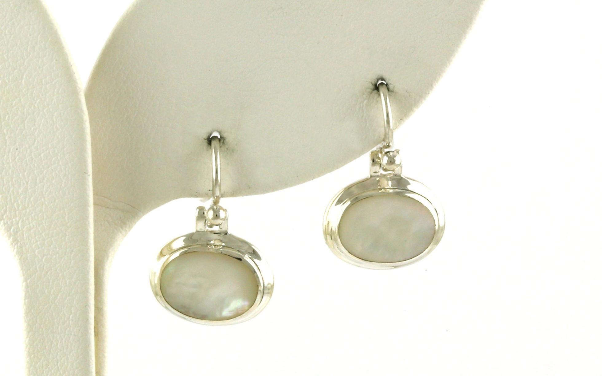 Estate Piece: Landscape Bezel-set Oval Cabochon-cut Mother of Pearl Dangle Earrings in Sterling Silver