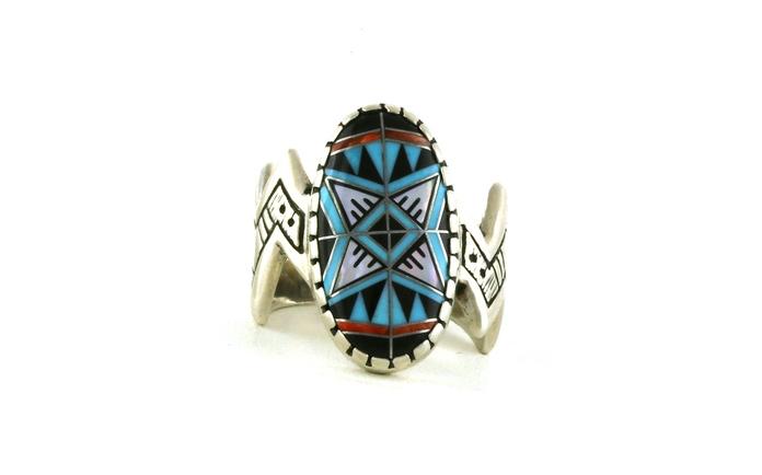 content/products/Estate Piece: Geometric Inlayed Turquoise, Onyx, Coral, and Mother of Pearl Ring with Zig Zag Band in Sterling Silver