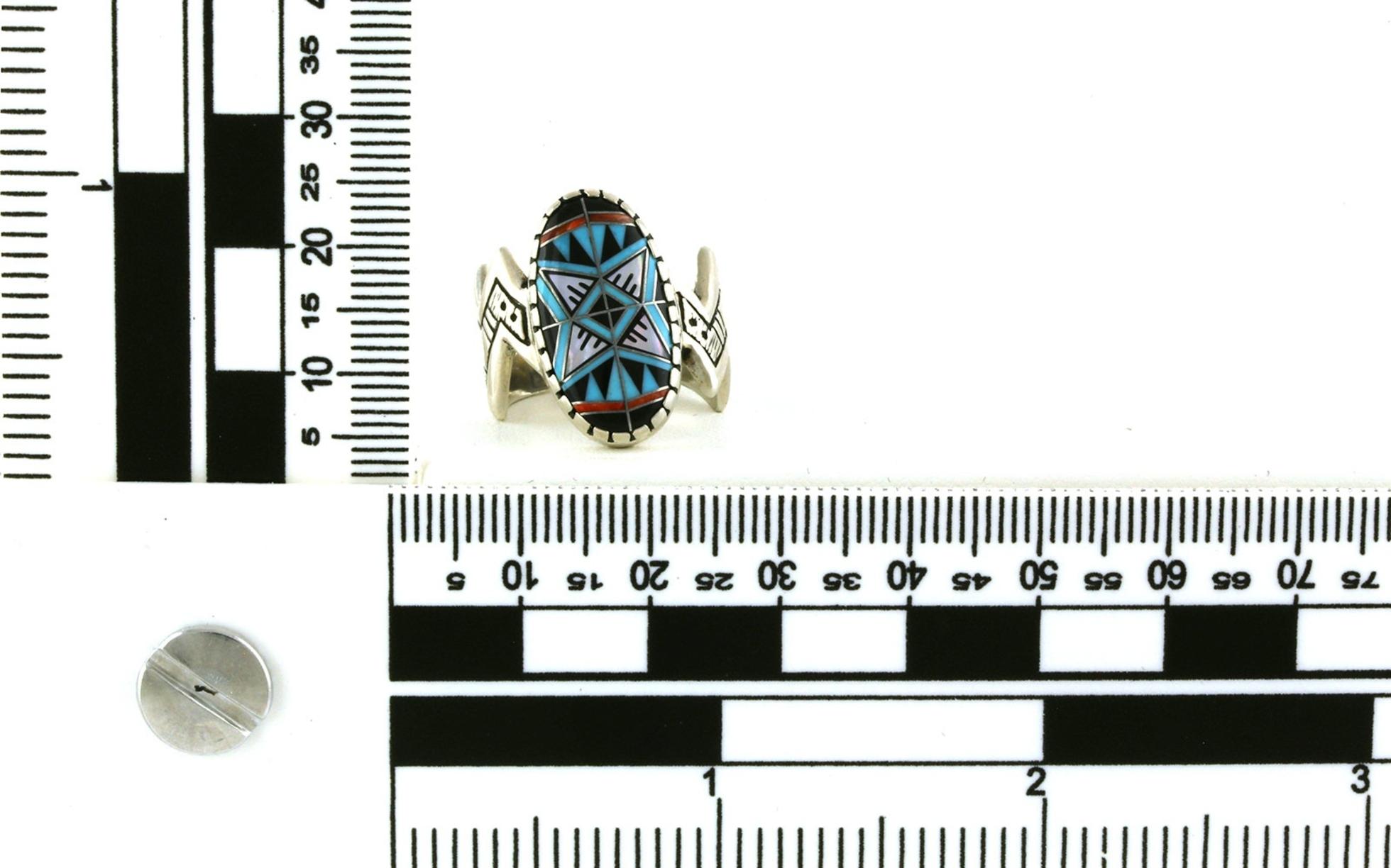 Estate Piece: Geometric Inlayed Turquoise, Onyx, Coral, and Mother of Pearl Ring with Zig Zag Band in Sterling Silver scale