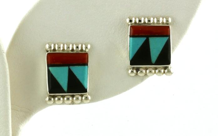 content/products/Estate Piece: Geometric Inlayed Turquoise, Onyx, and Coral Stud Earrings in Sterling Silver