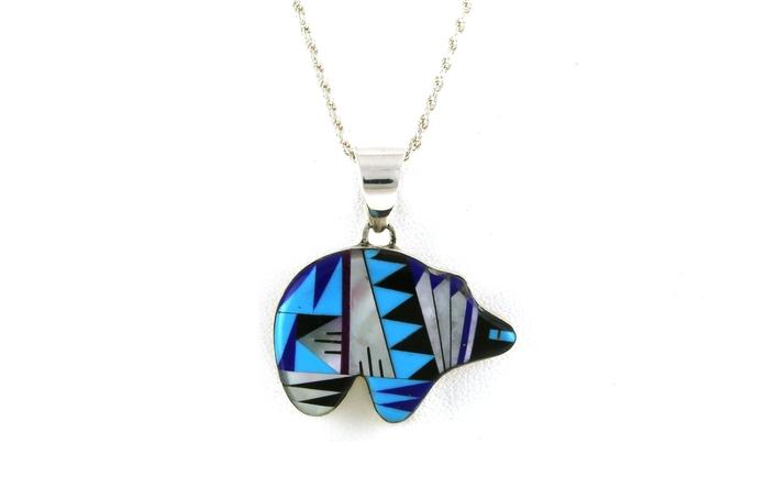 content/products/Estate Piece: Zuni Bear Inlayed Turquoise, Lapis, Onyx, and Mother of Pearl Necklace in Sterling Silver