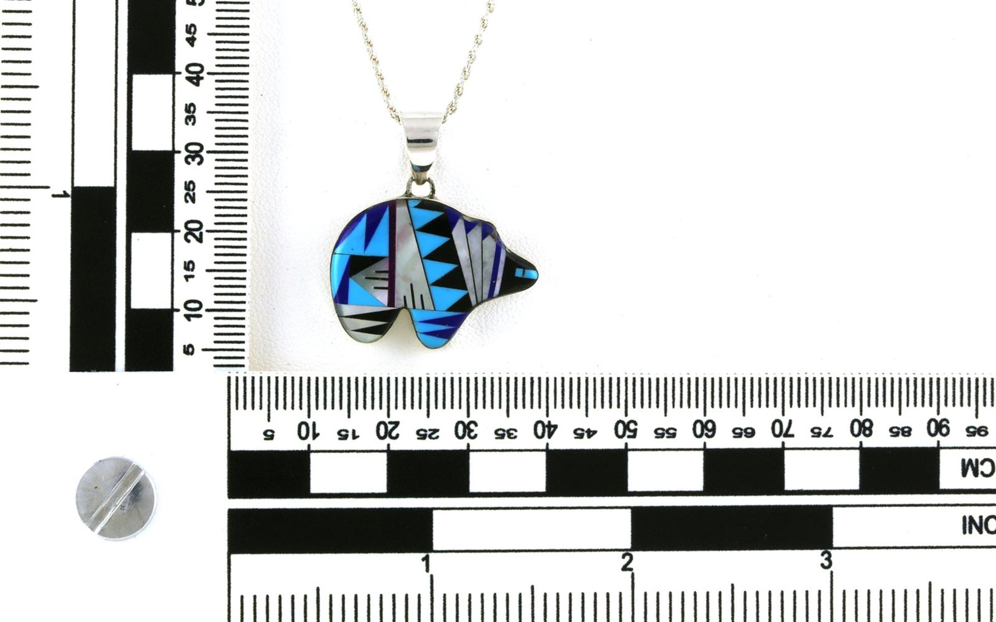 Estate Piece: Zuni Bear Inlayed Turquoise, Lapis, Onyx, and Mother of Pearl Necklace in Sterling Silver scale