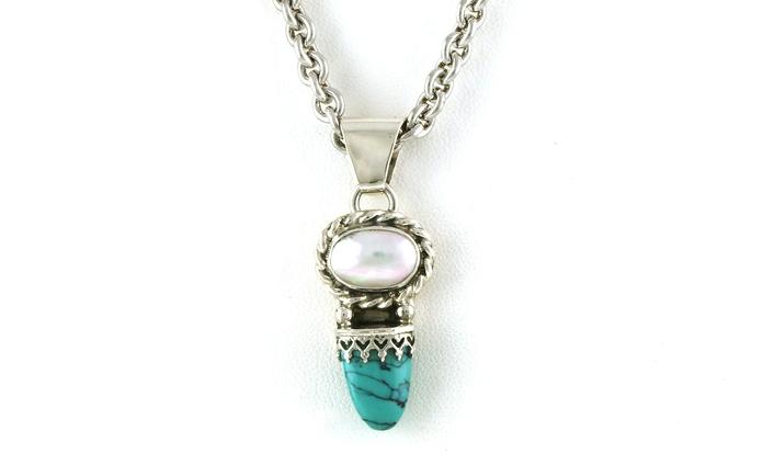 content/products/Estate Piece: 2-Stone Drop-style Turquoise and Mabe Pearl Necklace in Sterling Silver