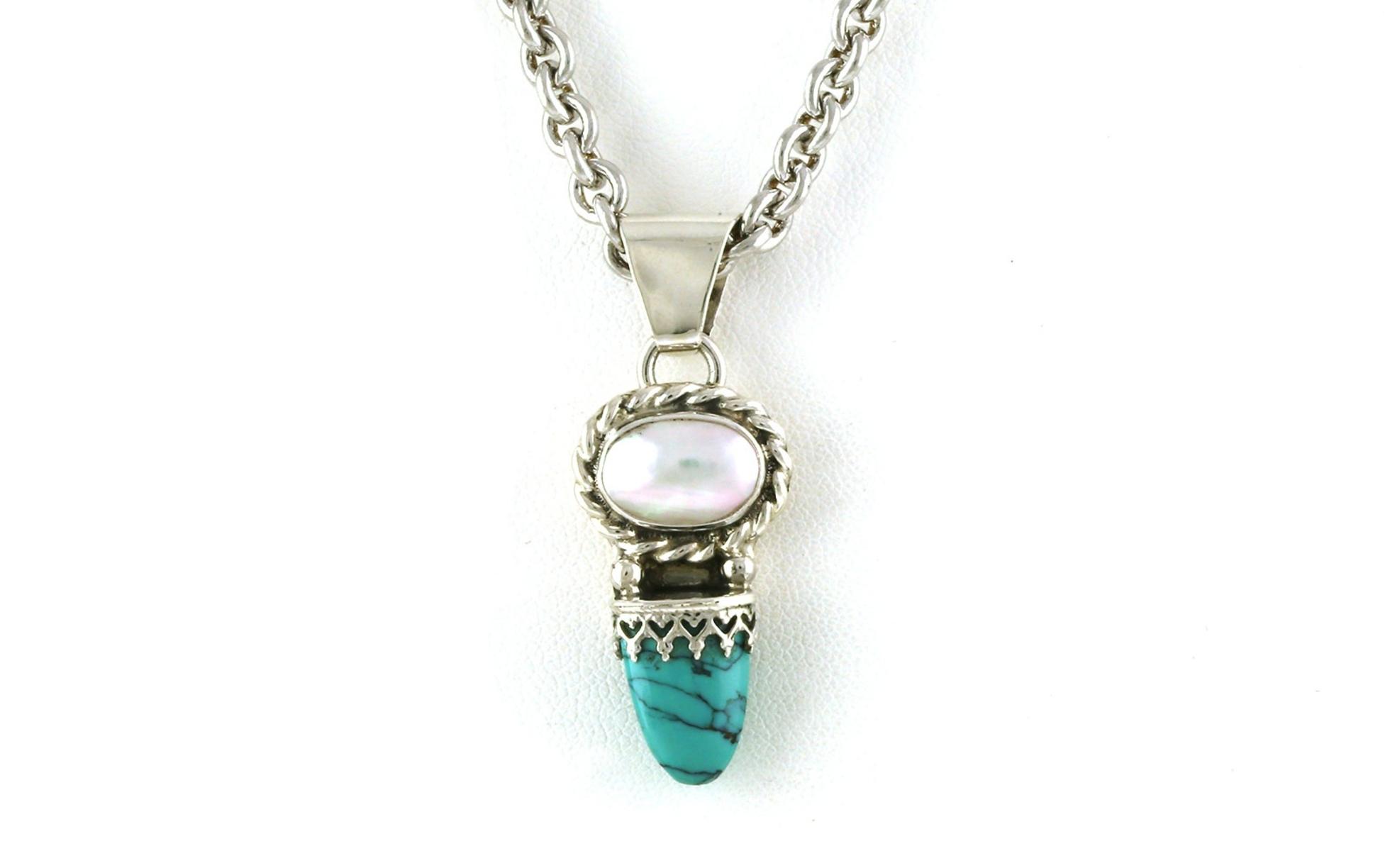 Estate Piece: 2-Stone Drop-style Turquoise and Mabe Pearl Necklace in Sterling Silver