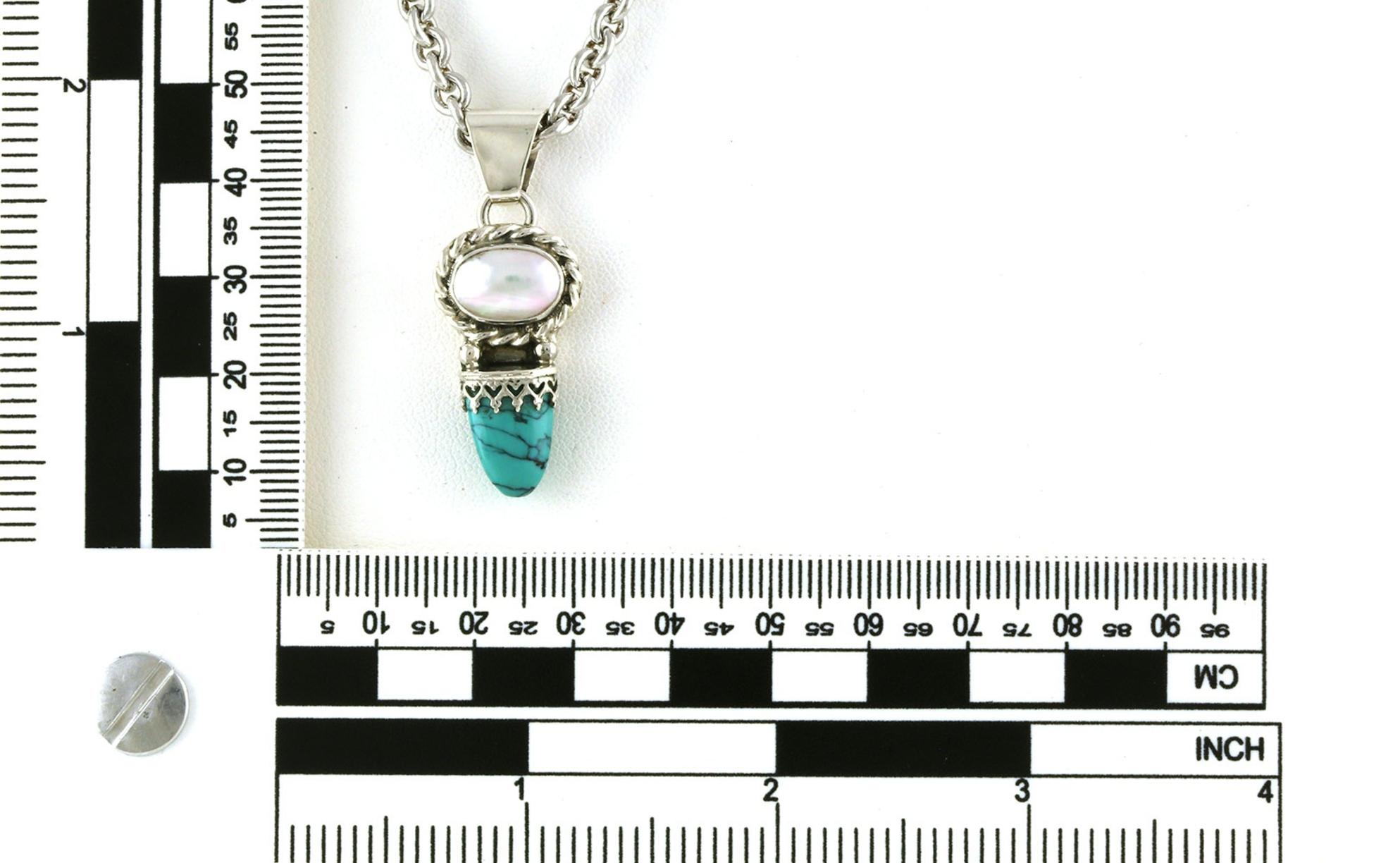 Estate Piece: 2-Stone Drop-style Turquoise and Mabe Pearl Necklace in Sterling Silver scale