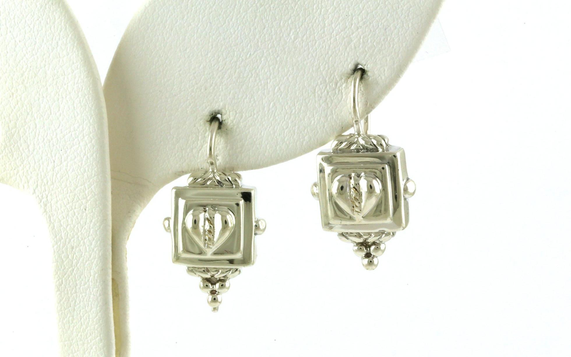 Estate Piece: Heart in a Embellished Box Dangle Earrings in Sterling Silver