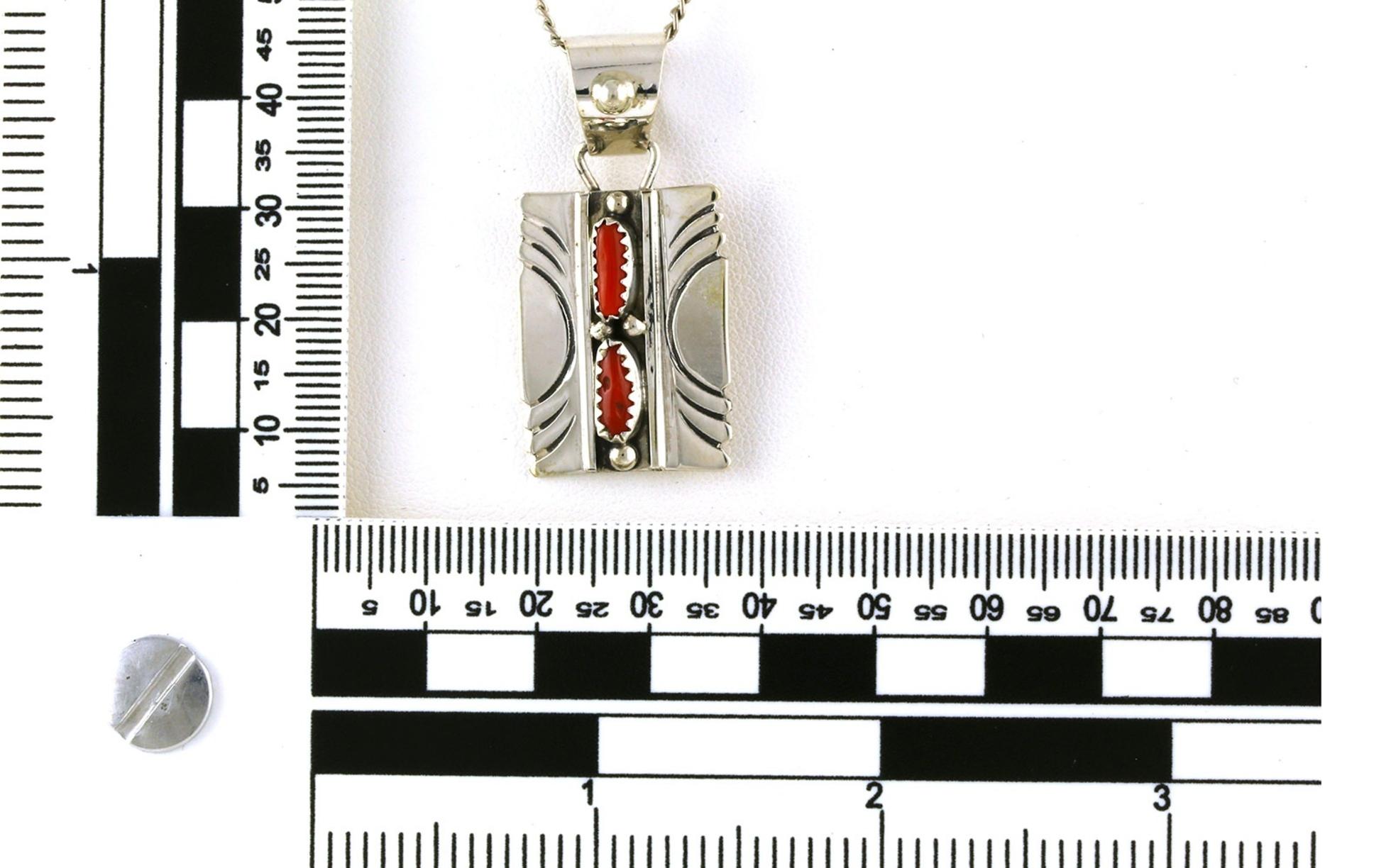 Estate Piece: Geometric Rectangular 2-Stone Oval Cabochon Coral Necklace in Sterling Silver scale