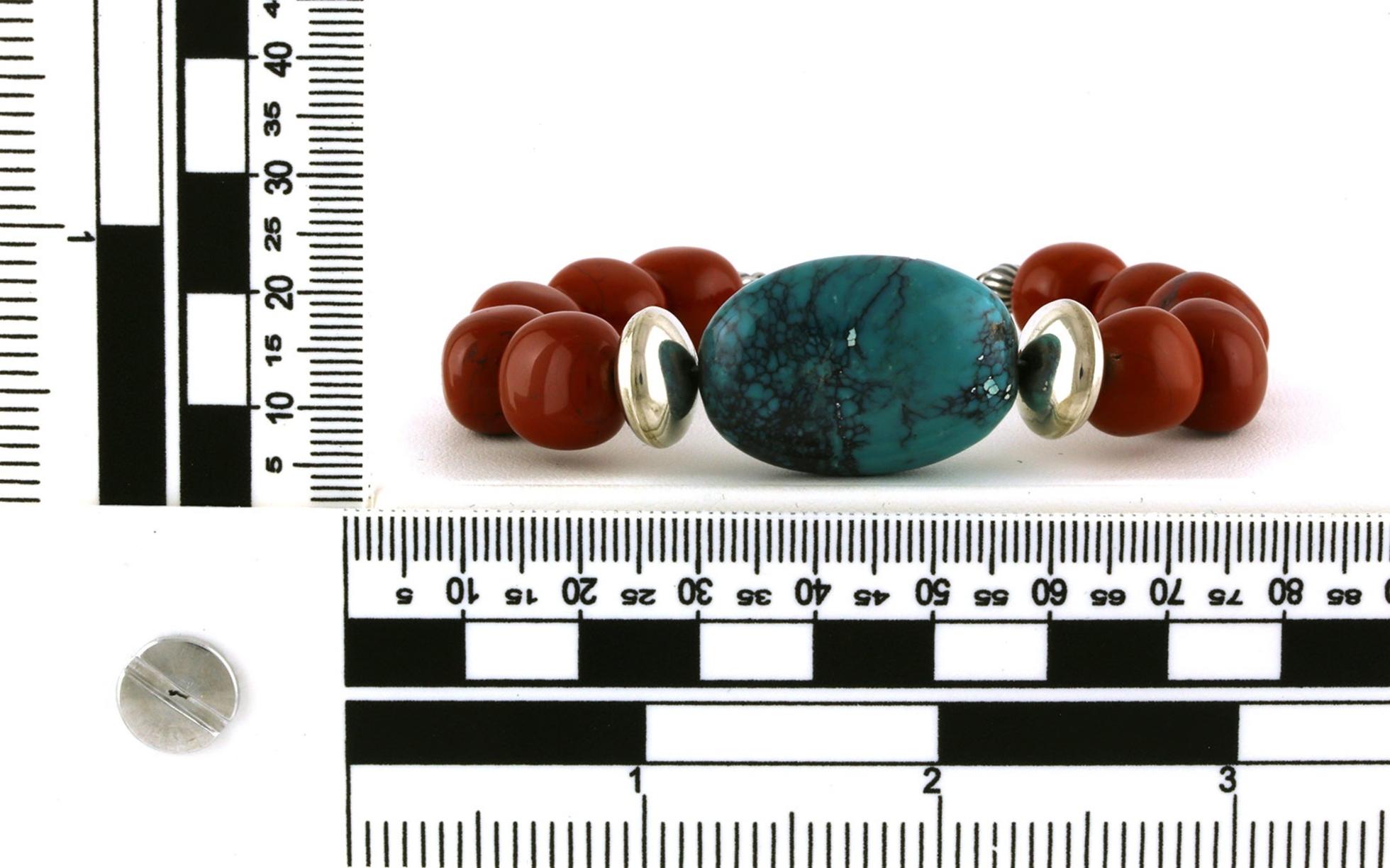 Estate Piece: Turquoise, Coral, and Sterling Beaded Bracelet with Sterling Silver Clasp scale