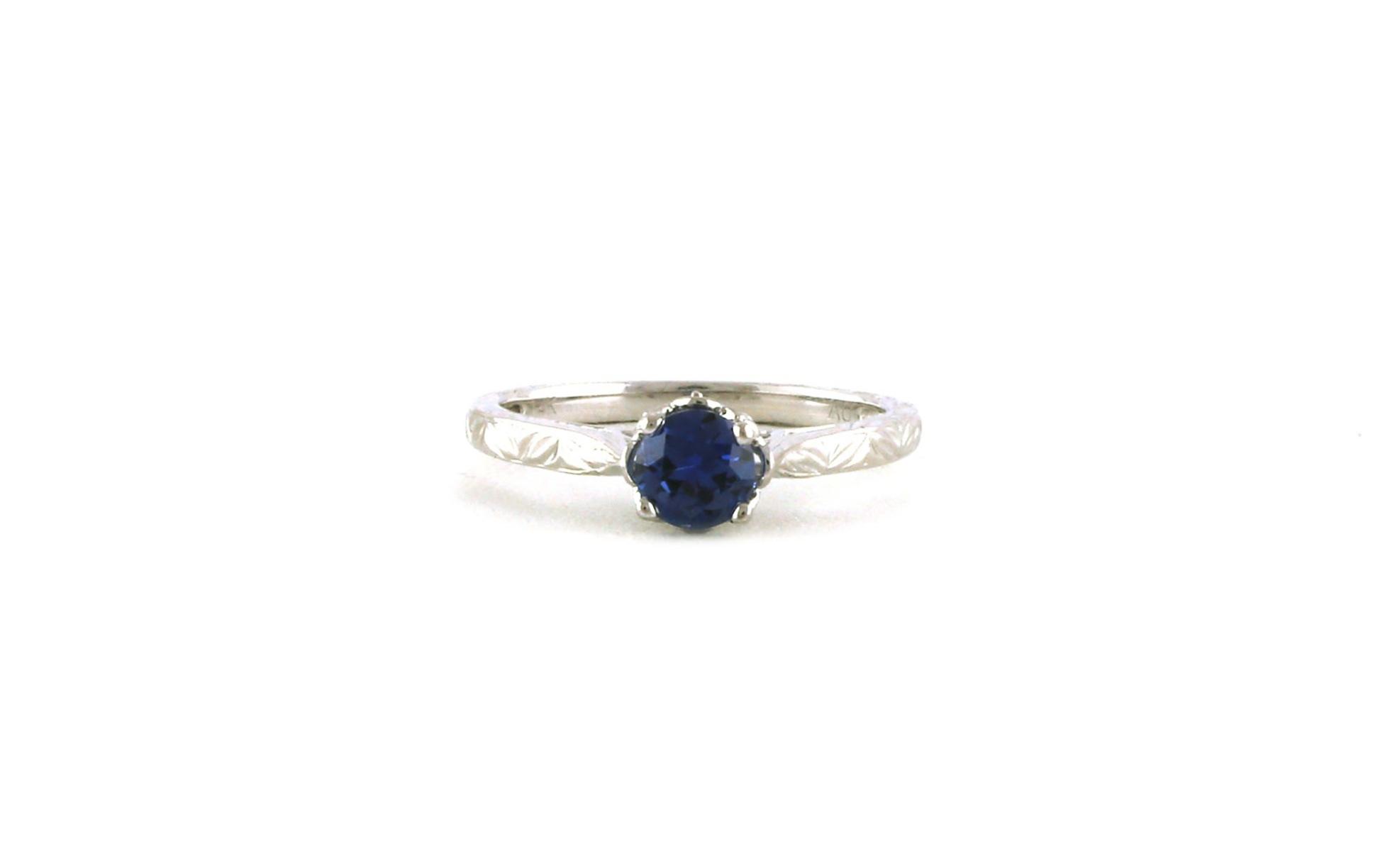 6-Prong Montana Yogo Sapphire and Diamond Flower Head Ring with Hand Engraving Details in White Gold (0.62cts TWT)