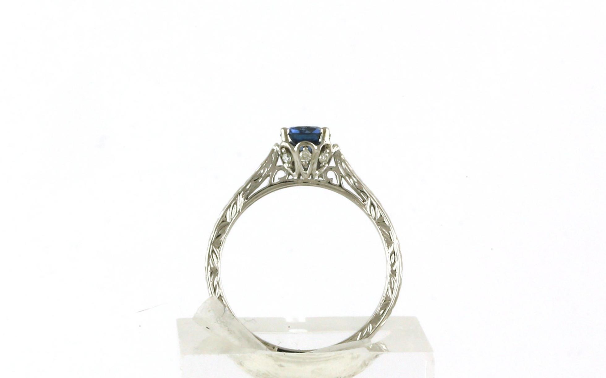 6-Prong Montana Yogo Sapphire and Diamond Flower Head Ring with Hand Engraving Details in White Gold (0.62cts TWT) side