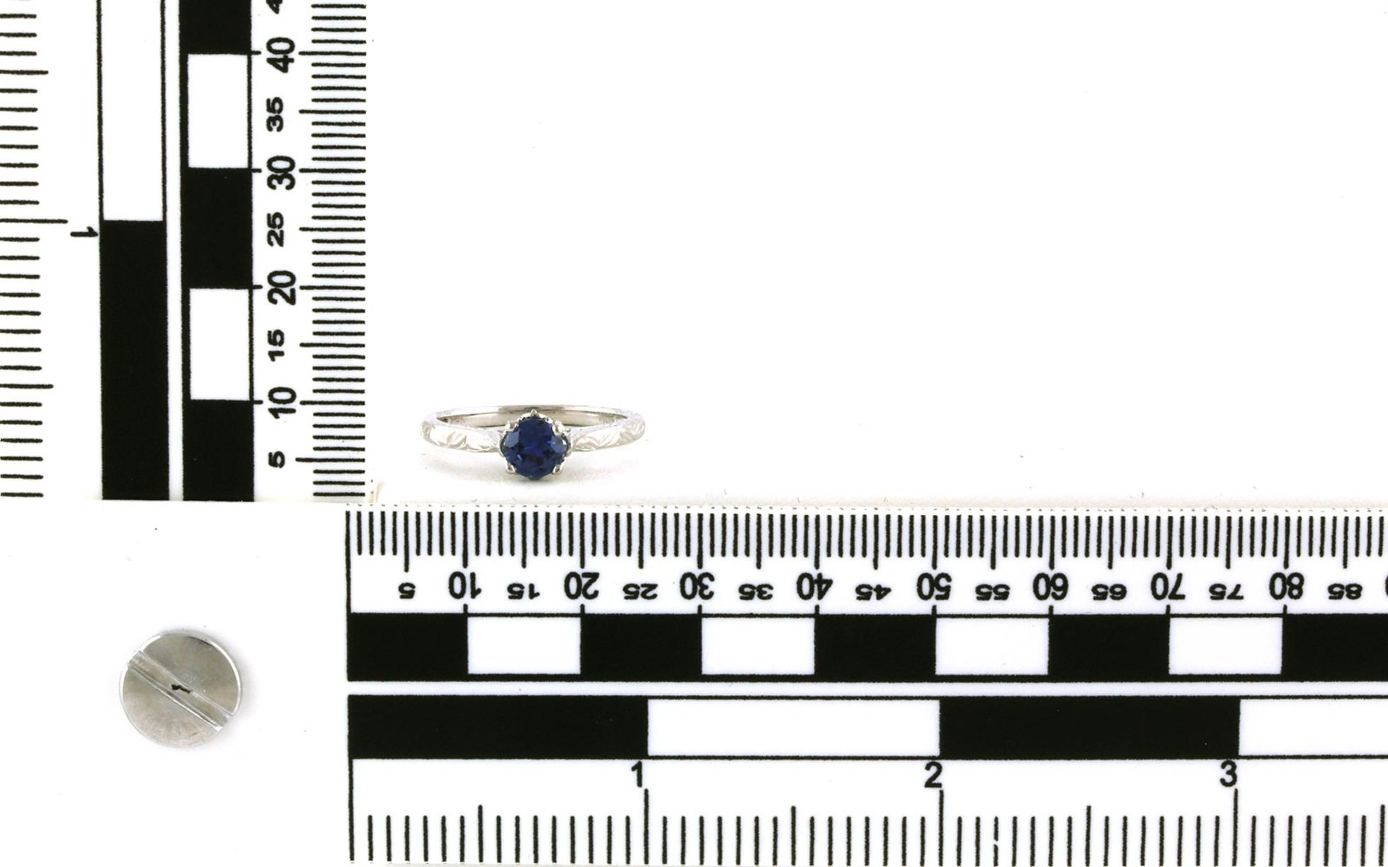 6-Prong Montana Yogo Sapphire and Diamond Flower Head Ring with Hand Engraving Details in White Gold (0.62cts TWT) scale