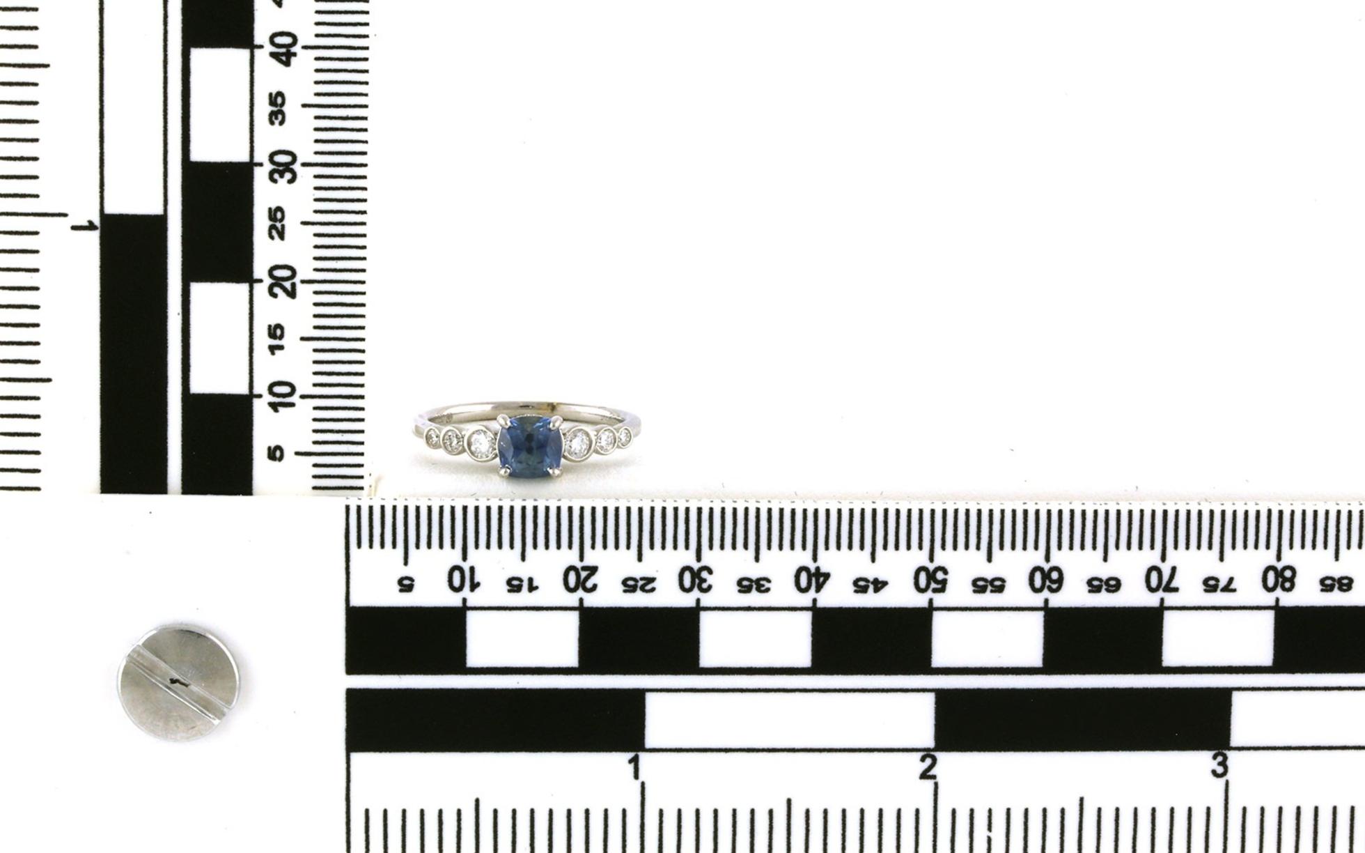 7-Stone Cushion-cut Montana Sapphire and Bezel-set Diamond Ring with Hidden Halo in White Gold (1.18cts TWT) scale