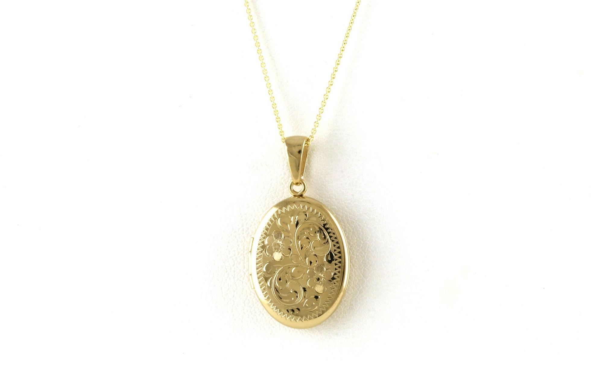 Oval Locket Necklace with Engraved Floral Design Accent in Yellow Gold