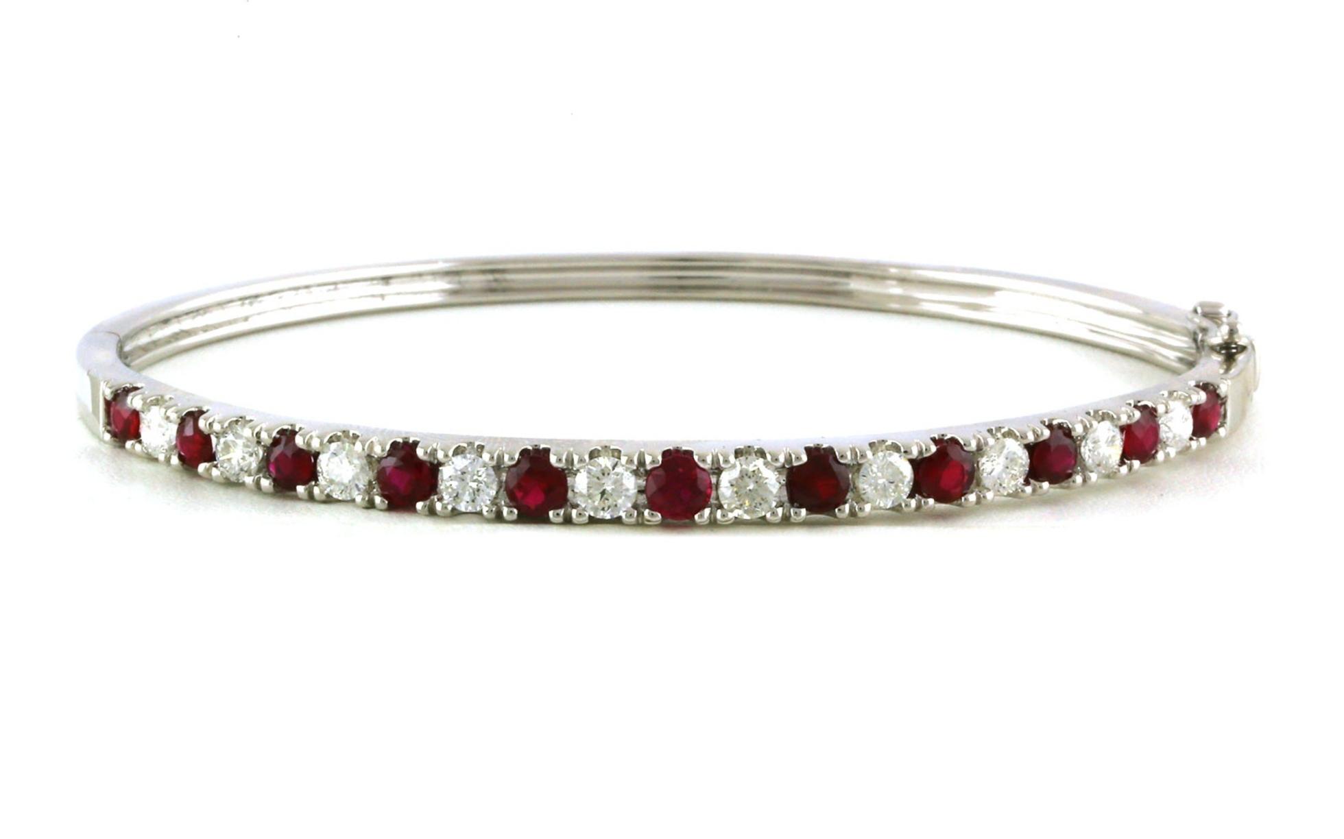 Alternating Ruby and Diamond Hinged Bangle Bracelet in White Gold (2.72cts TWT)