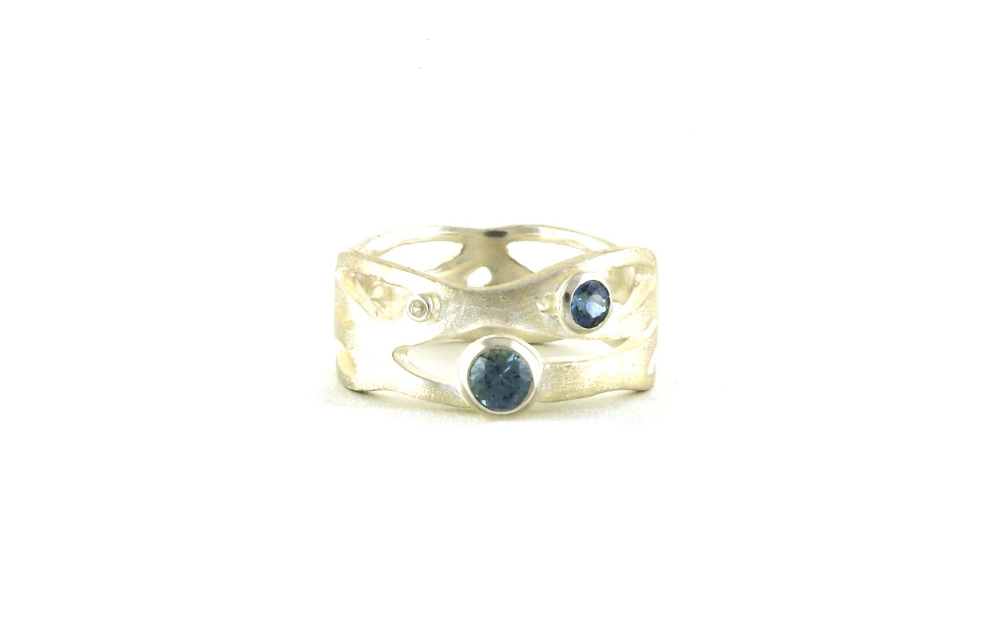 Wide Wavy 3-Stone Montana Sapphire and White Sapphire Ring with Matte Finish in Sterling Silver (0.57cts TWT)