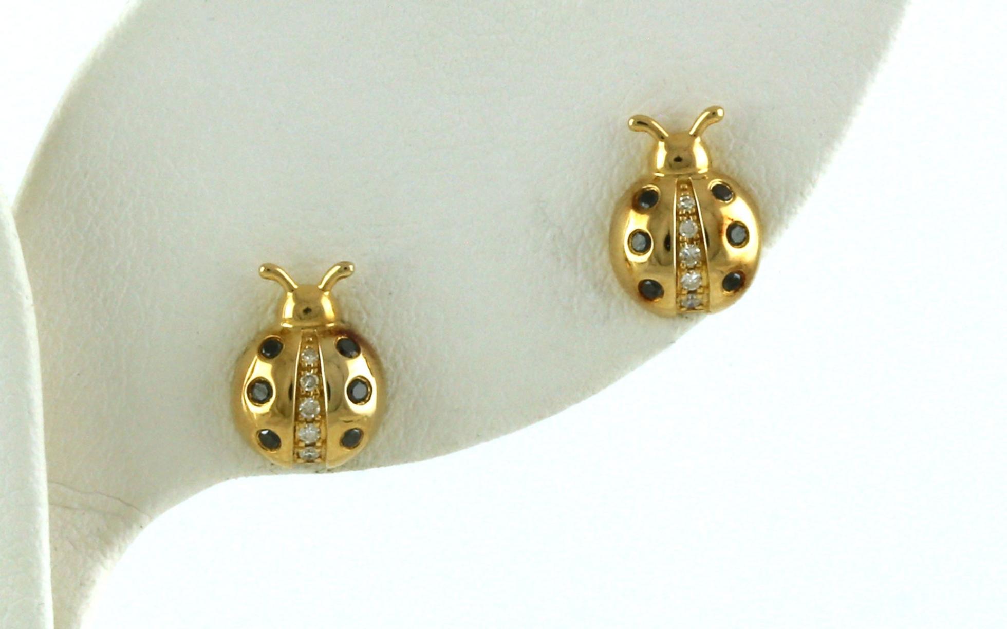 Lady Bug White and Black Diamond Stud Earrings in Yellow Gold (0.12cts TWT)