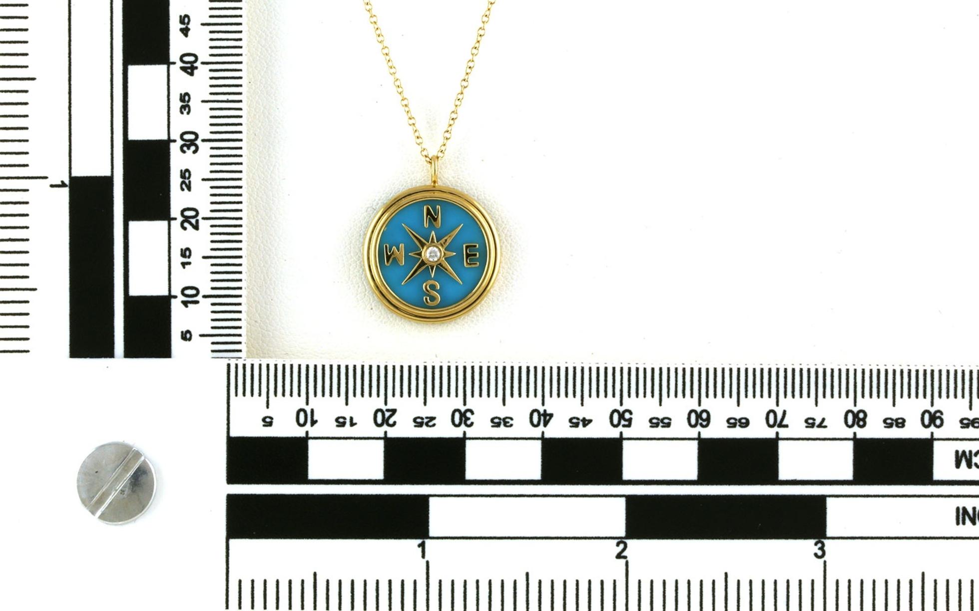 Turquoise Inlayed and Diamond Compass Rose Necklace in Yellow Gold (3.00cts TWT) scale