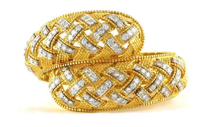 content/products/Estate Piece: Woven Wide Bypass-style Diamond Hinged Bangle Bracelet in Two-tone Yellow and White Gold (5.50cts TWT)