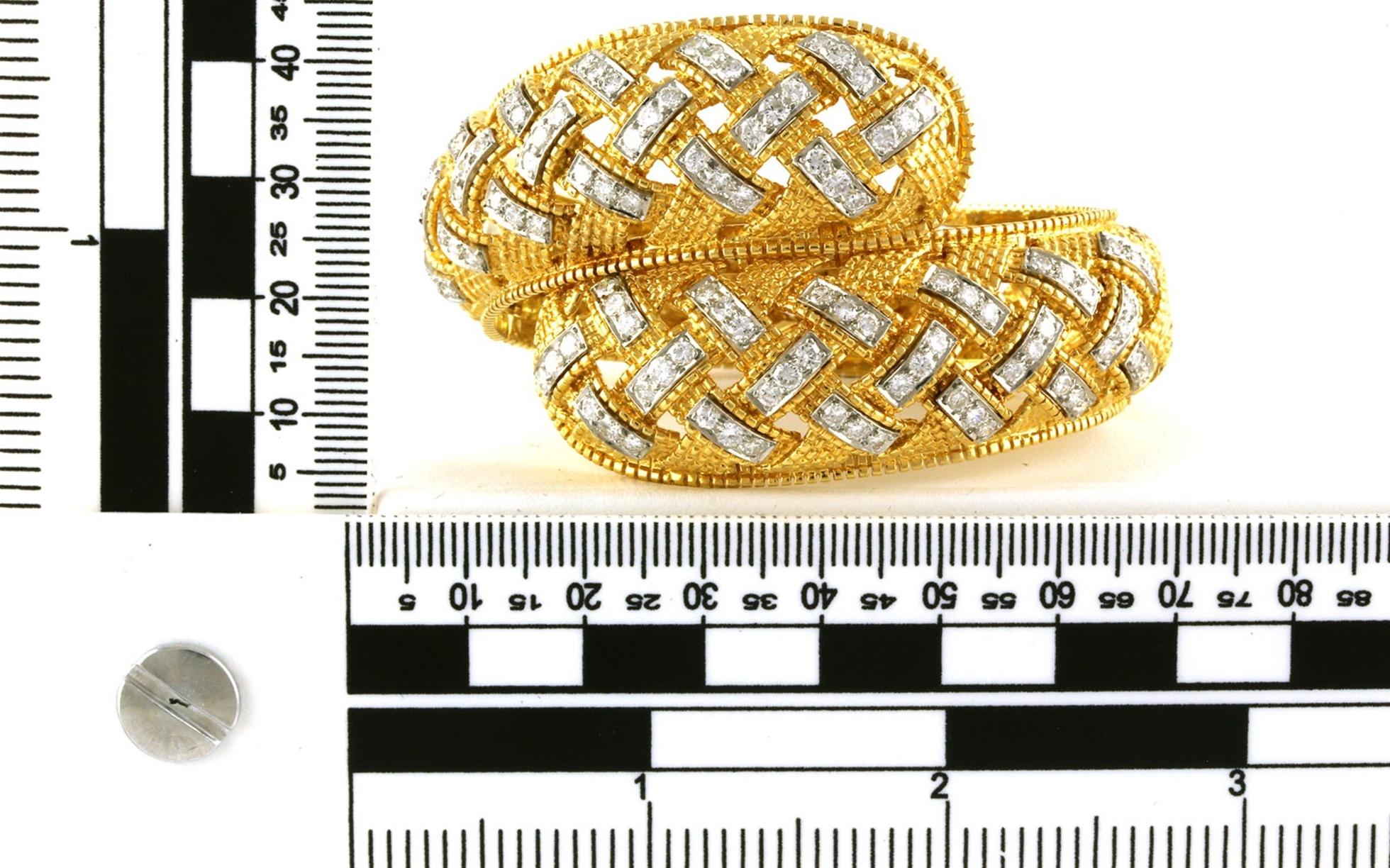 Estate Piece: Woven Wide Bypass-style Diamond Hinged Bangle Bracelet in Two-tone Yellow and White Gold (5.50cts TWT) scale