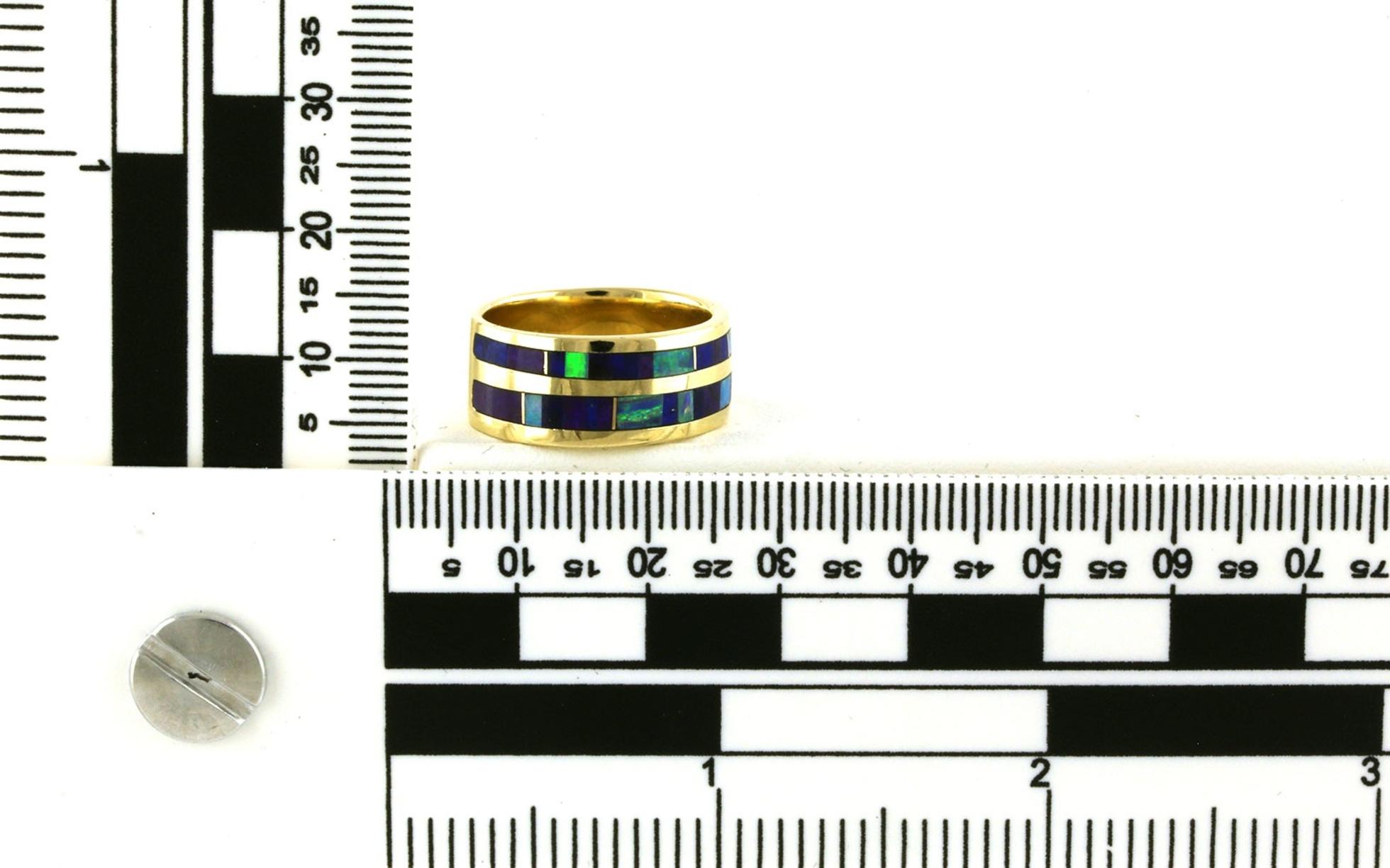 Estate Piece: 2-Row Opal and Blue Lapis Inlay Wedding Band in Yellow Gold scale