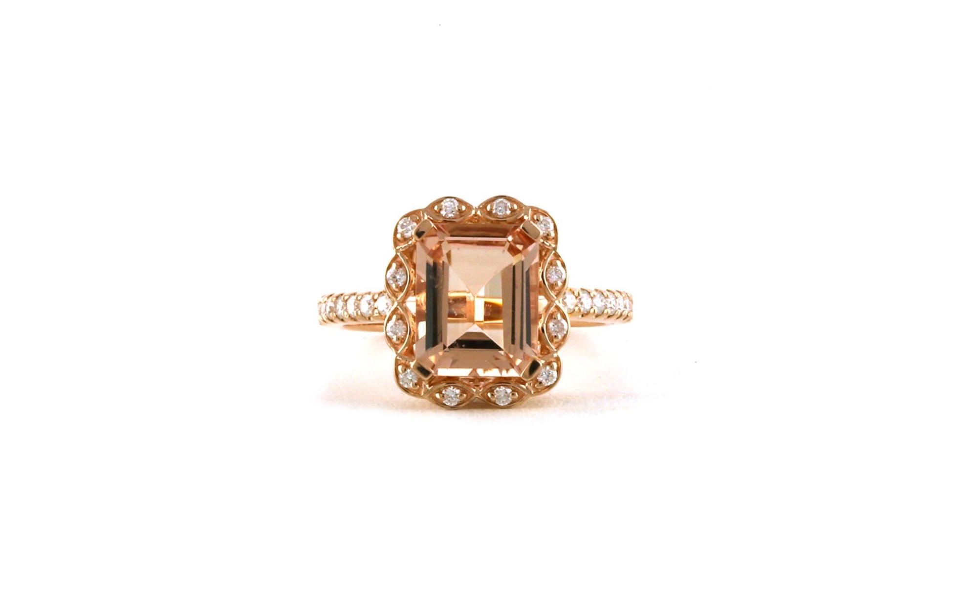 Estate Piece: Fancy-Halo Emerald-cut Morganite and Diamond Ring in Rose Gold (3.25cts TWT)