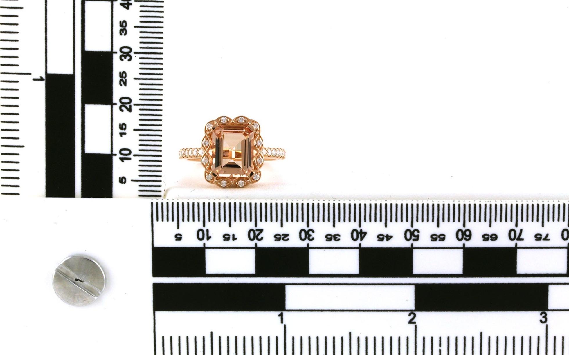 Estate Piece: Fancy-Halo Emerald-cut Morganite and Diamond Ring in Rose Gold (3.25cts TWT) scale