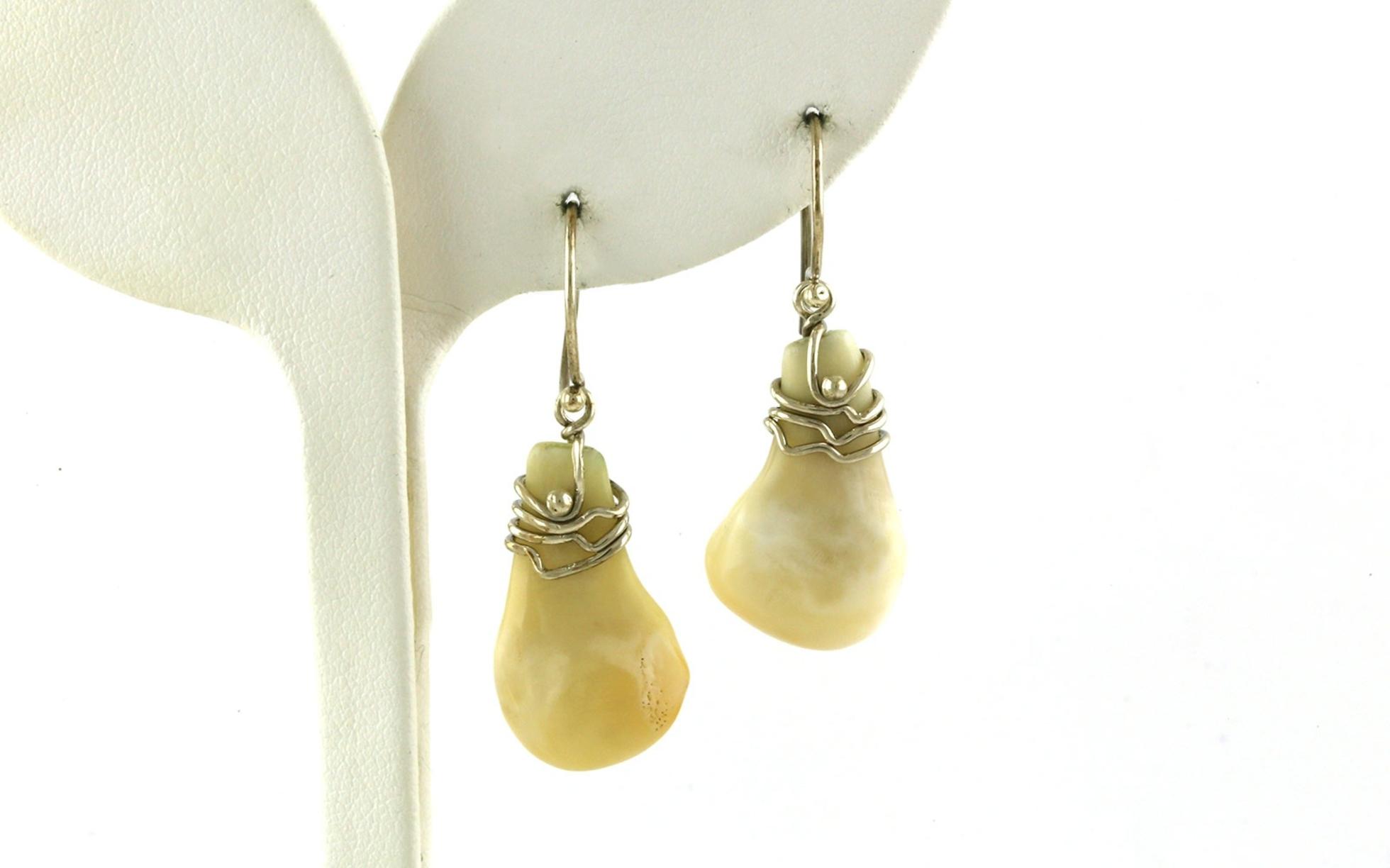 Wired Wrapped Elk Ivory Dangle Earrings in Sterling Silver