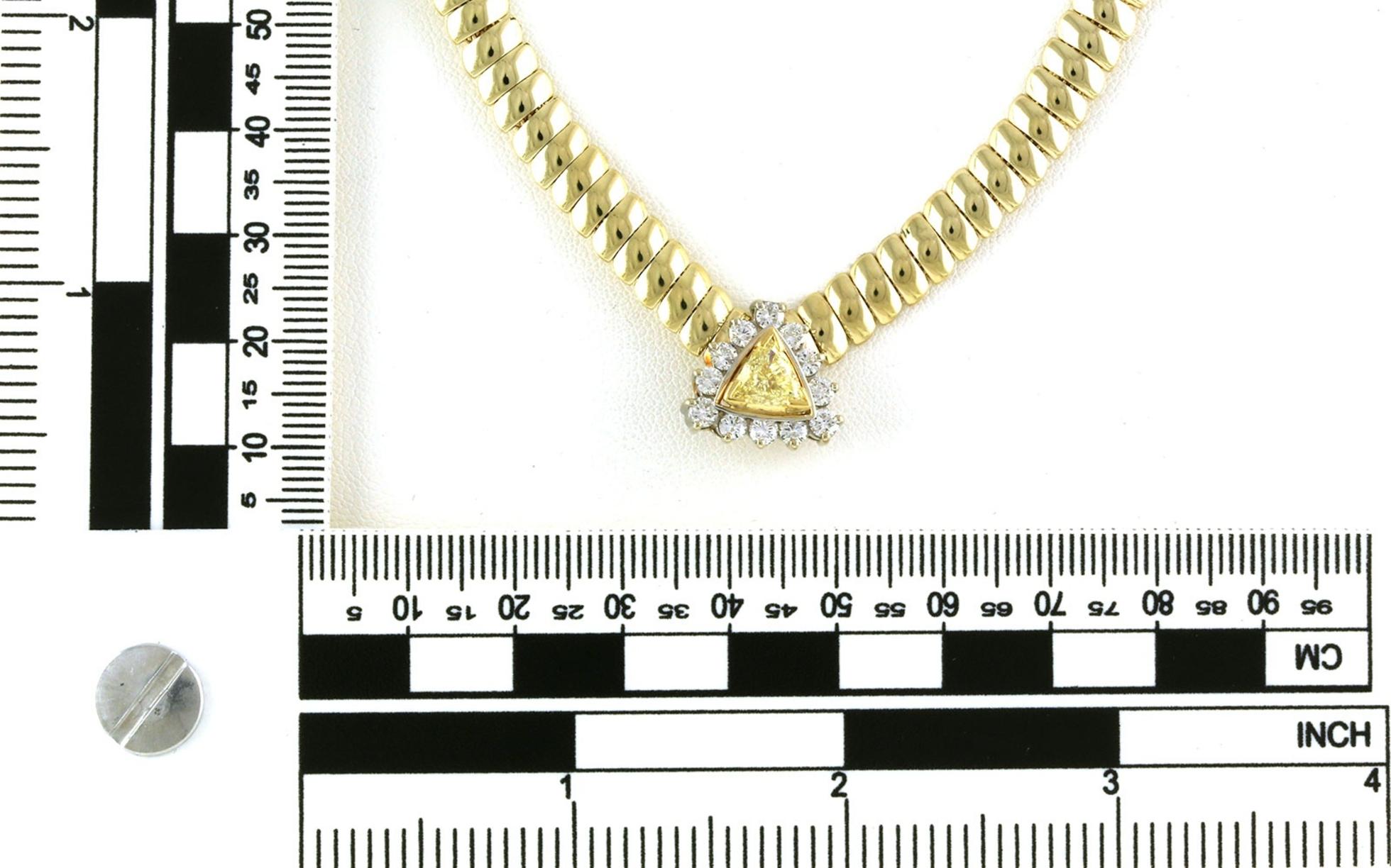 Estate Piece: Trillion-cut Fancy Yellow Diamond and White Diamond Cluster Collar Necklace in Yellow Gold (1.95cts TWT) scale