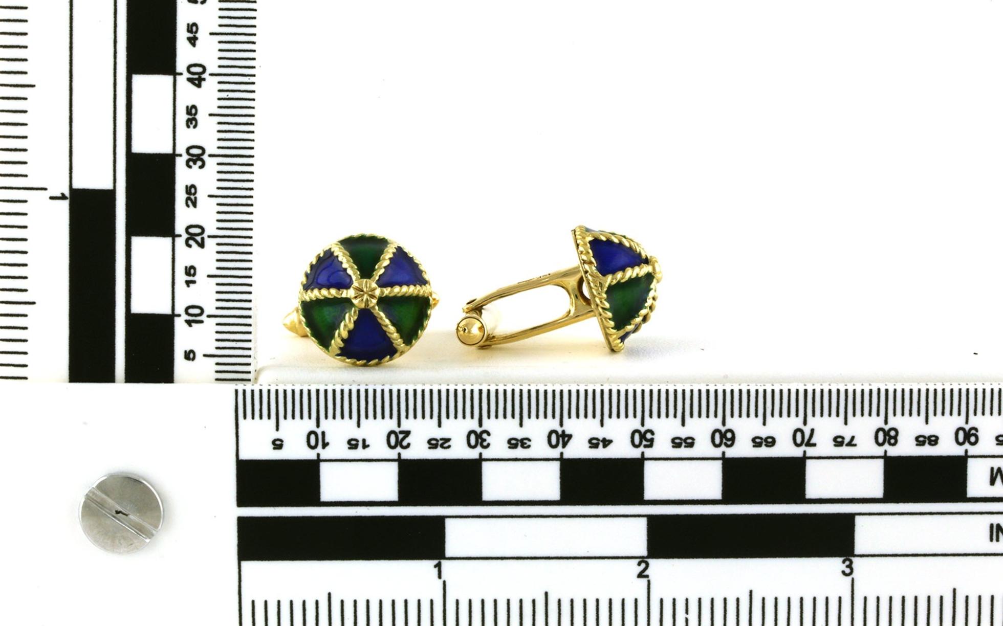 Estate Piece: Umbrella-style Green and Blue Enamel Cufflinks in Yellow Gold scale