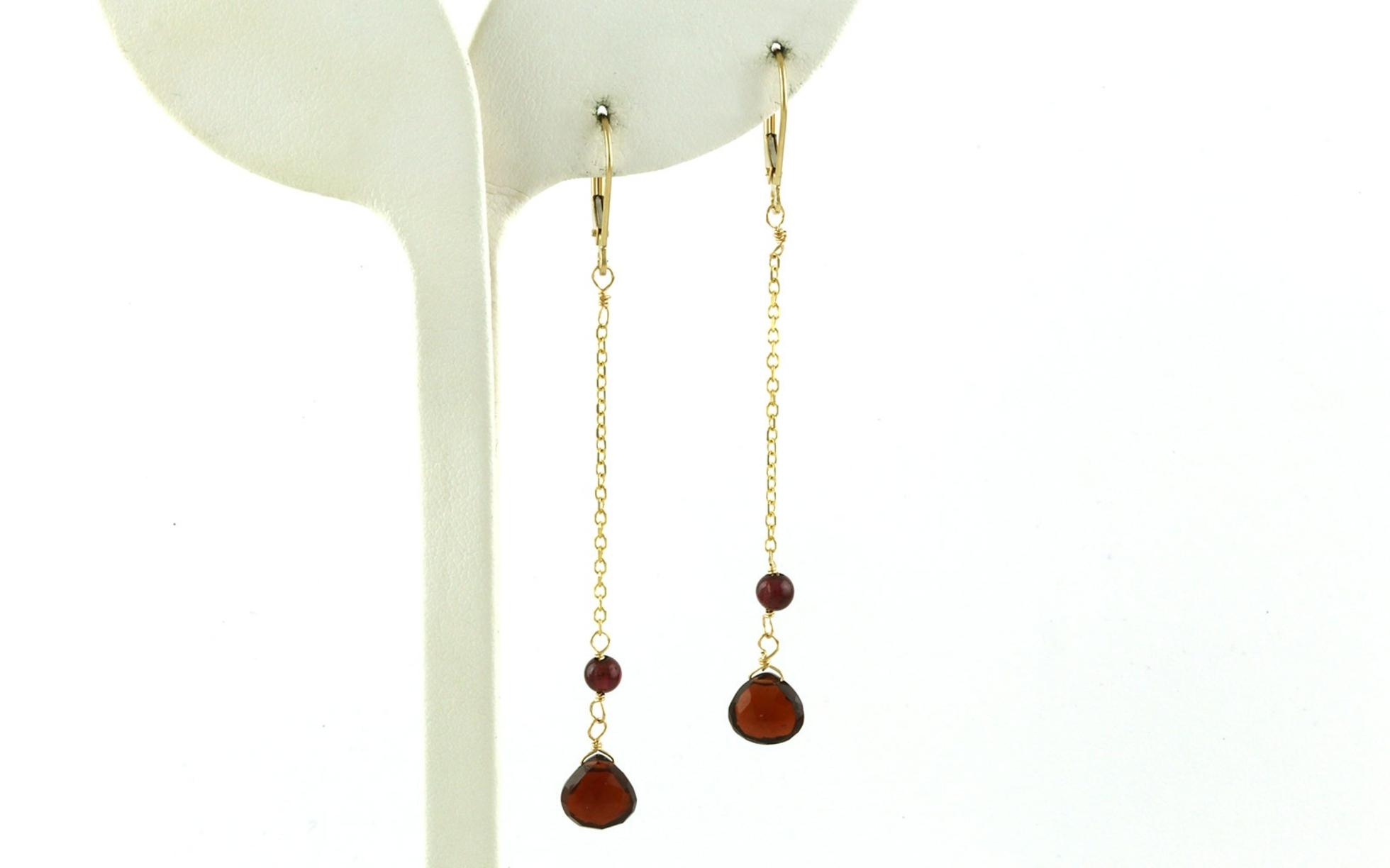 Estate Piece: Long Dangle 2-Stone Briolette Garnet Earrings in Yellow Gold 