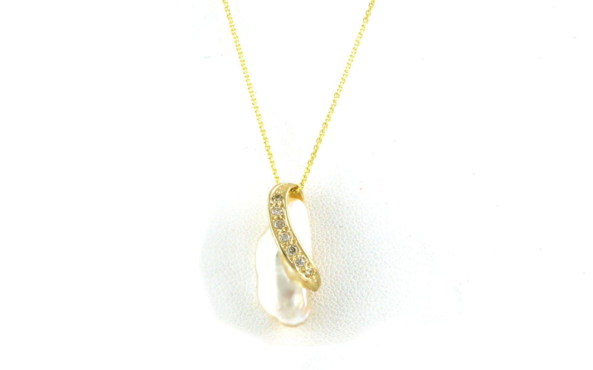 Estate Piece: Biwa Pearl Necklace with Crossover Diamond Accents in Yellow Gold