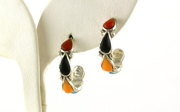 content/products/Estate Piece: Multicolor Pear Cabochon Turquoise, Onyx, and Coral Post J-Hoop Earrings in Sterling Silver