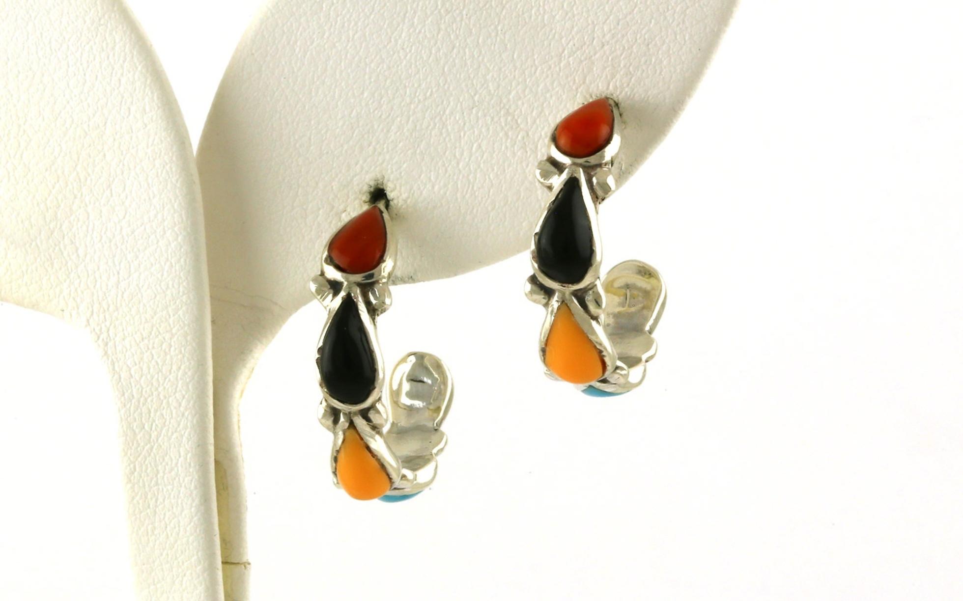 Estate Piece: Multicolor Pear Cabochon Turquoise, Onyx, and Coral Post J-Hoop Earrings in Sterling Silver