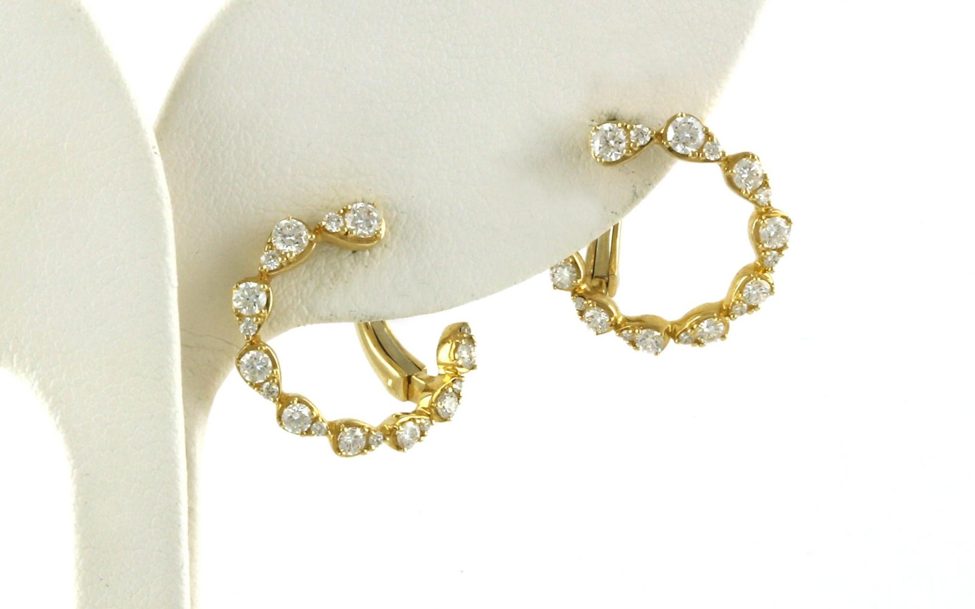 Spiral Pear Scalloped Diamond Curved Hoop Earrings with Omega Backs in Yellow Gold (0.76cts TWT)