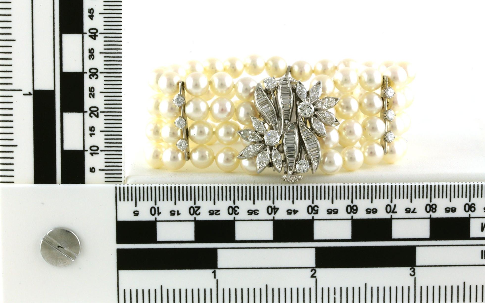 Estate Piece: 4-Strand Pearl and Diamond Bracelet with Floral Diamond  Clasp in White Gold (1.00cts TWT) scale