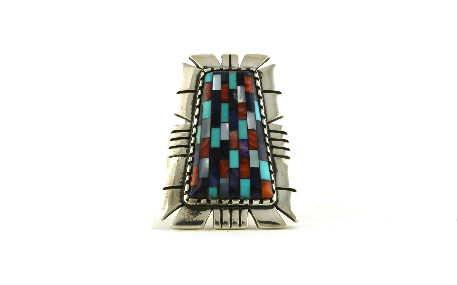 Estate Piece: Trapezoid Mosaic Inlayed Turquoise, Onyx, Coral, Lapis, and Mother of Pearl Ring with Notched Edge in Sterling Silver