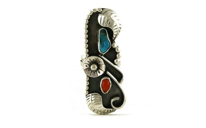 content/products/Estate Piece: Extra Long 2-Stone Turquoise and Coral Leaf Motif Ring in Sterling Silver