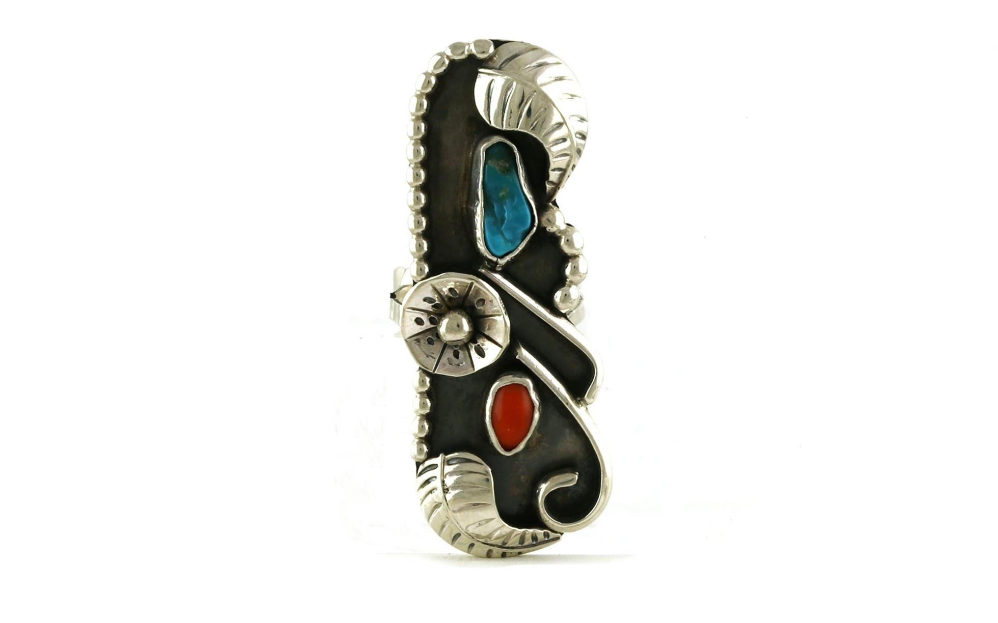 Estate Piece: Extra Long 2-Stone Turquoise and Coral Leaf Motif Ring in Sterling Silver