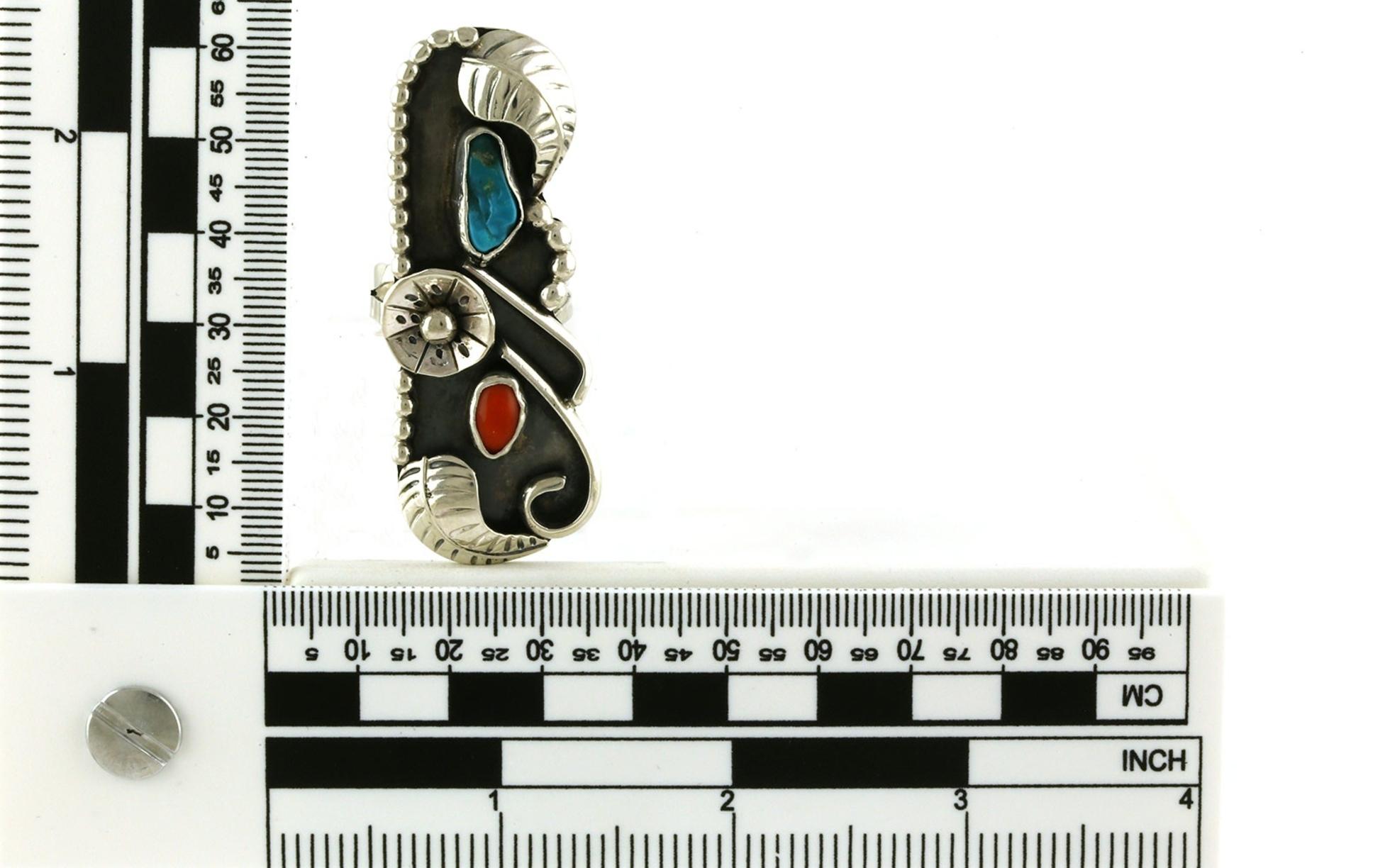 Estate Piece: Extra Long 2-Stone Turquoise and Coral Leaf Motif Ring in Sterling Silver scale