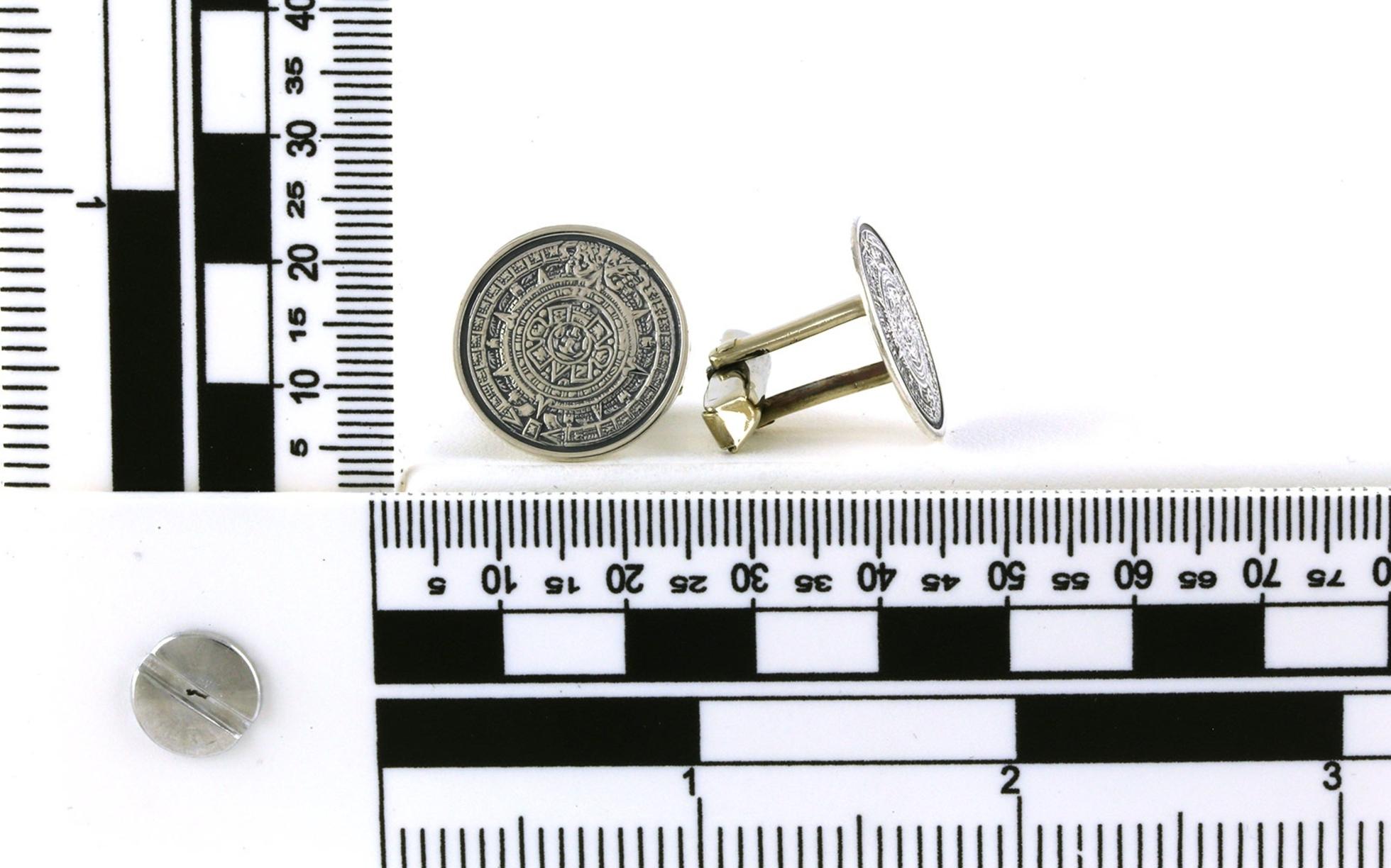 Estate Piece: Round Cufflinks with Aztec Calendar in Sterling Silver scale