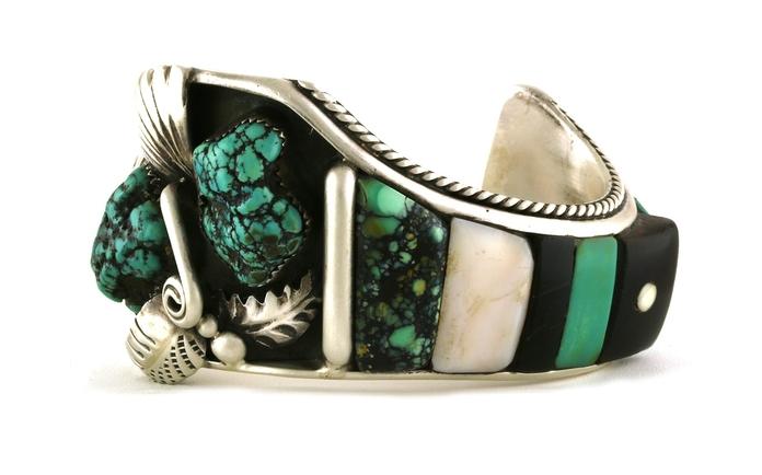 content/products/Estate Piece: Large Freeform Leaf Motif Turquoise, Mother of Pearl, and Onyx Cuff Bracelet in Sterling Silver