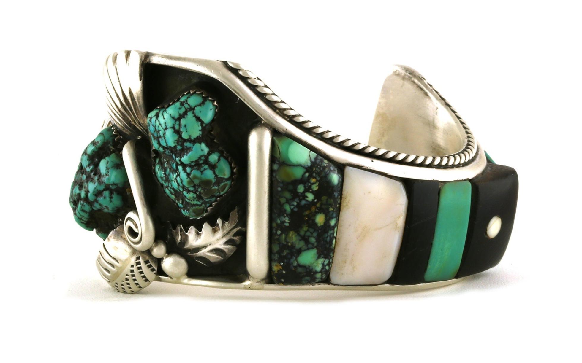 Estate Piece: Large Freeform Leaf Motif Turquoise, Mother of Pearl, and Onyx Cuff Bracelet in Sterling Silver