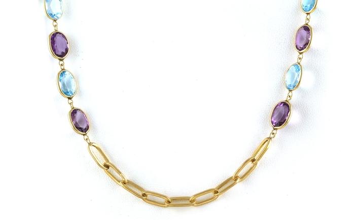 content/products/Estate Piece: Long Bezel-set Oval Blue Topaz and Amethyst Paperclip Chain Station Necklace in Yellow Gold 