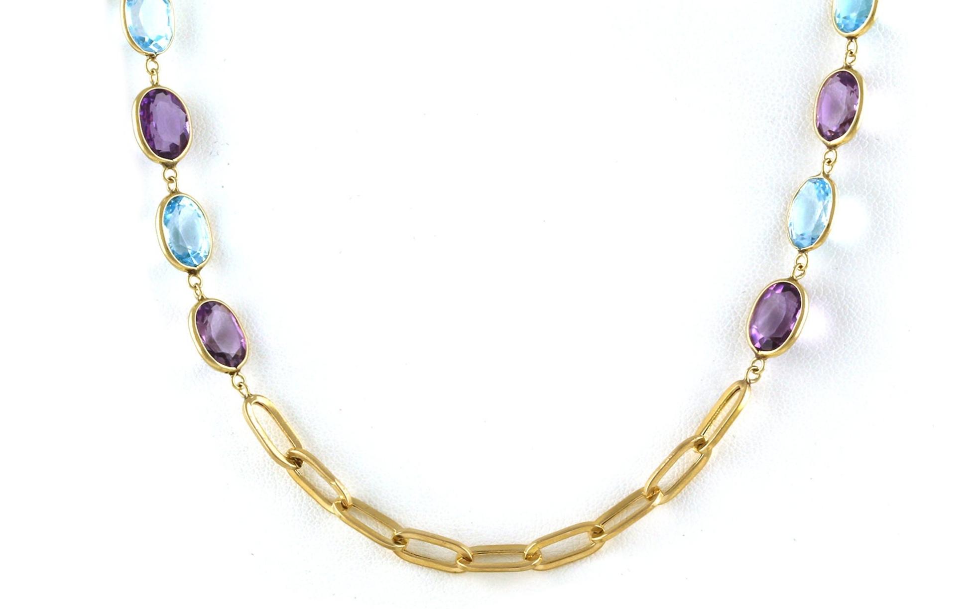 Estate Piece: Long Bezel-set Oval Blue Topaz and Amethyst Paperclip Chain Station Necklace in Yellow Gold 