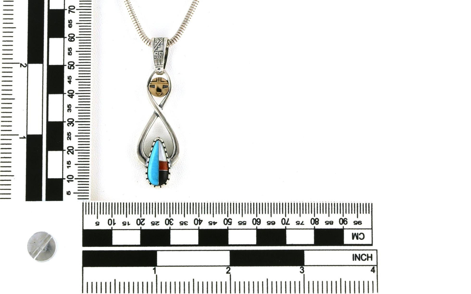 Estate Piece: Totem Geometric Inlayed Turquoise, Coral, and Mother of Pearl Necklace in Sterling Silver scale