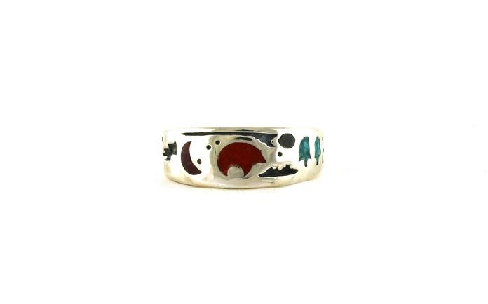 content/products/Estate Piece: Zuni Bear Nature Scene Inlayed Turquoise and Coral Ring in Sterling Silver